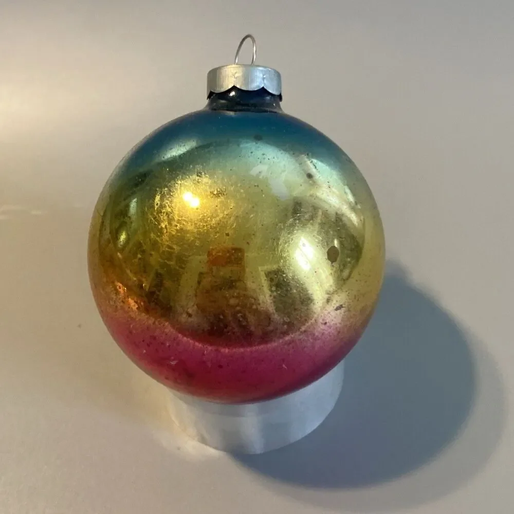 Vintage Christmas Ombre Glass Ornament Hand Made In USA Blue Pink Gold Fade